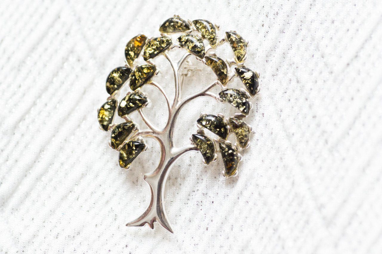 Green Amber Tree of Life Brooch