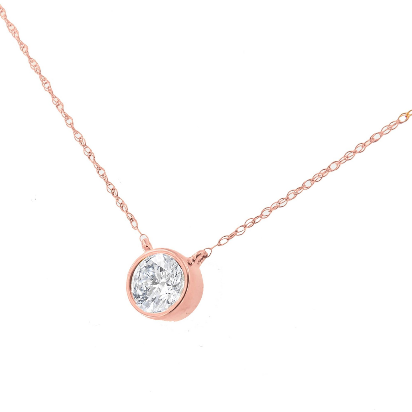 10K Rose Gold Bezel Set Round Diamond Solitaire Pendant Necklace