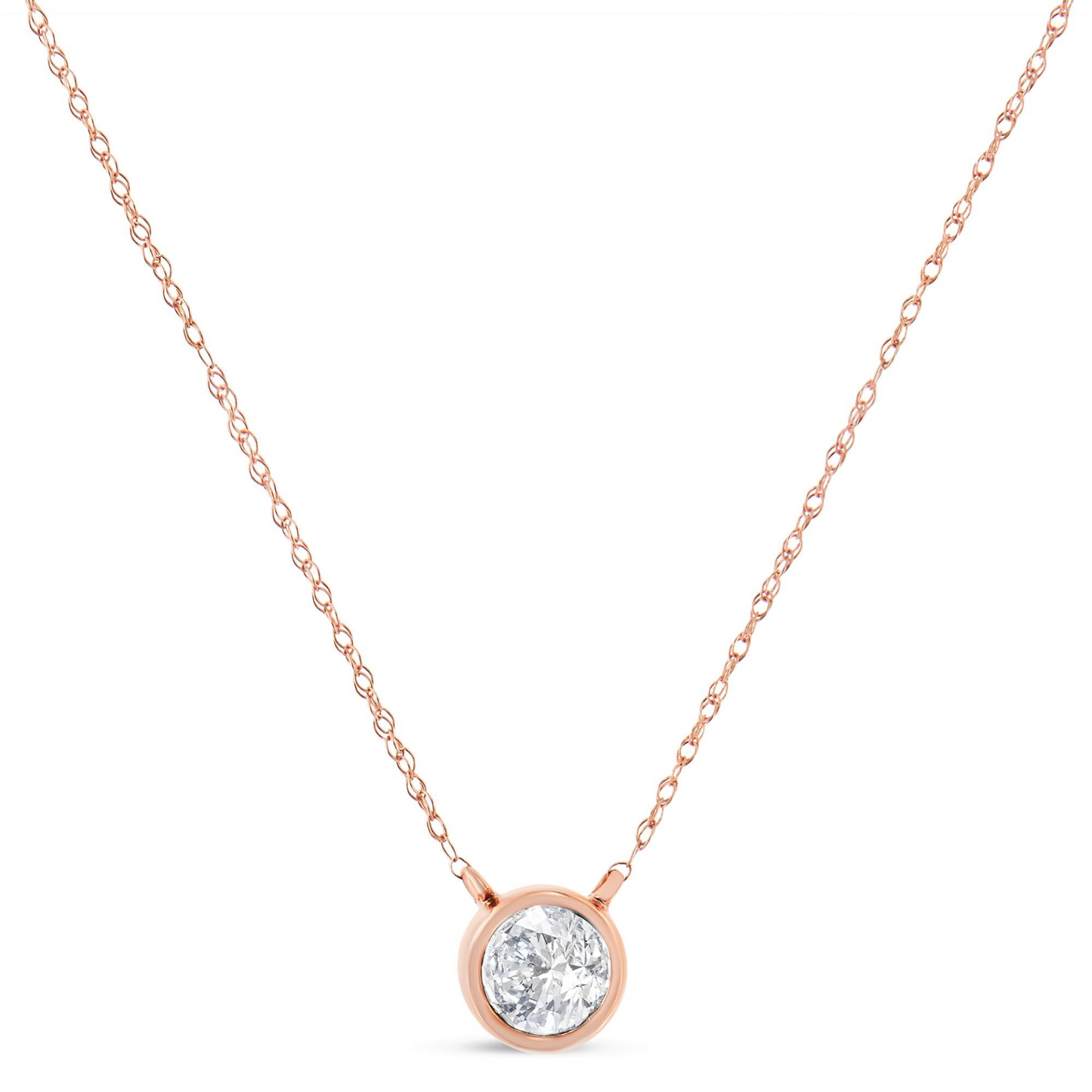 10K Rose Gold Bezel Set Round Diamond Solitaire Pendant Necklace