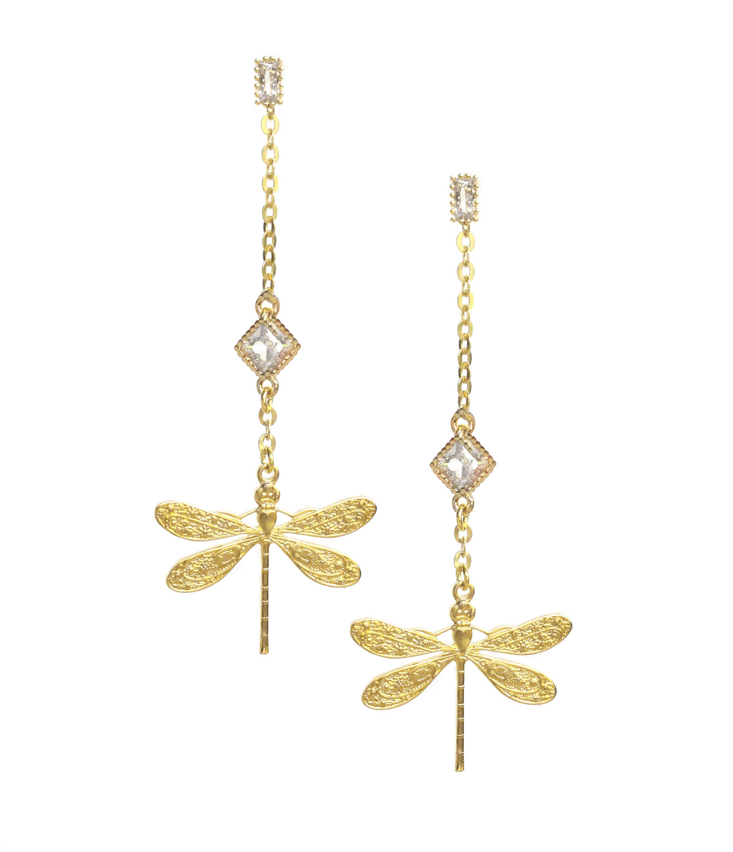 18K Gold-Plated Dragonfly Earrings with Diamond-Cut Crystal Studs