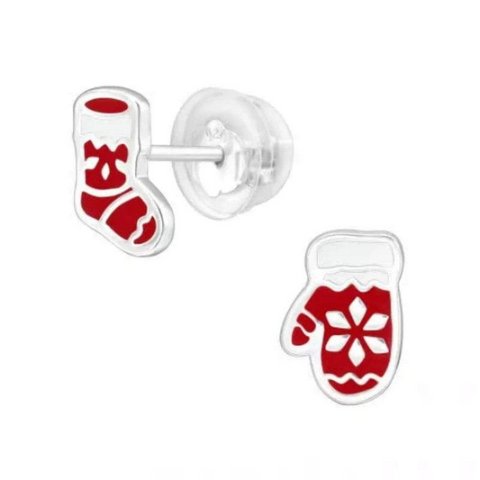 Festive Silver Socks & Glove Christmas Earrings for Kids